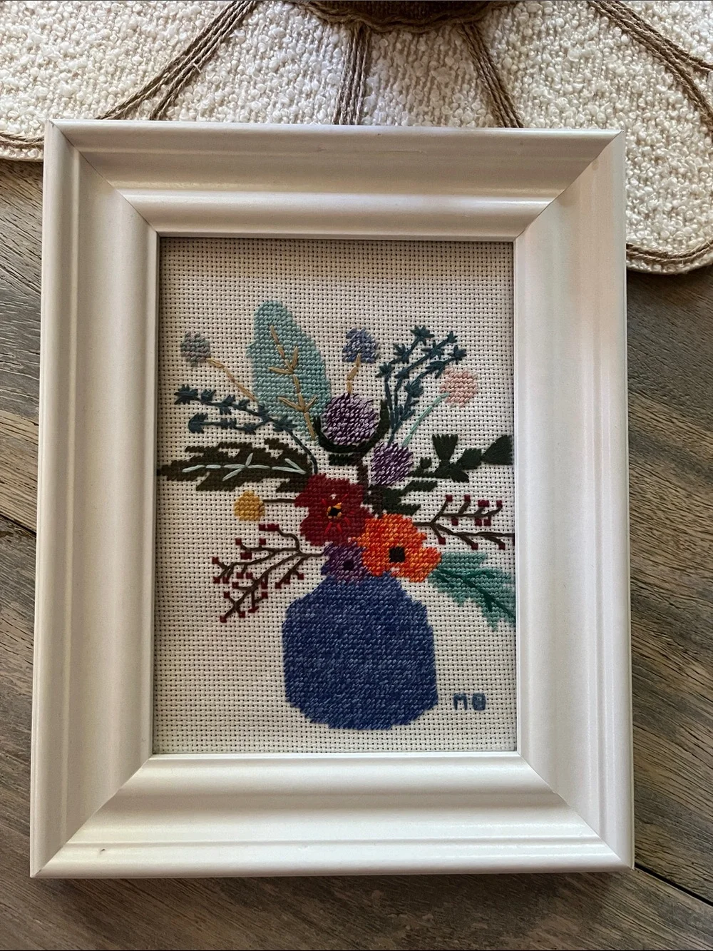 Handcrafted Blue Vase Cross-Stitch in White Frame